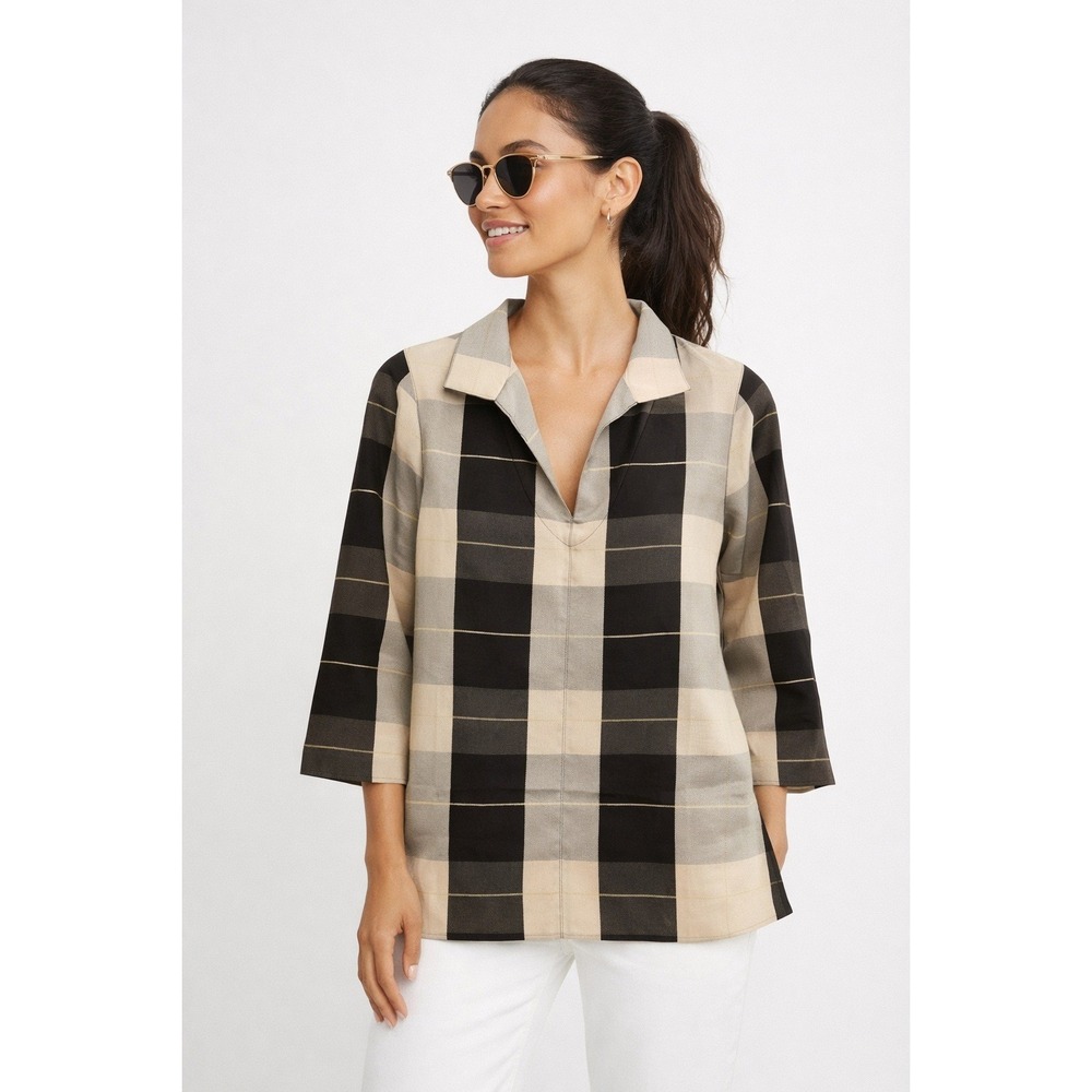 Tuckernuck Plaid Blouse Beige Black Gold Metallic Classic 3/4 Sleeve XS
